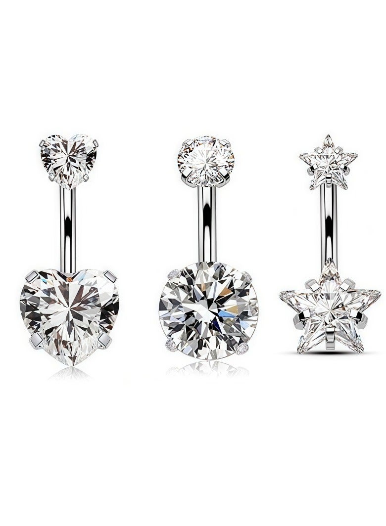 3pcs Belly on Rings Surgical Stainless Steel Round Cubic Zirconia  Barbell Stud Body Piercing Ear Studs  - Image 1