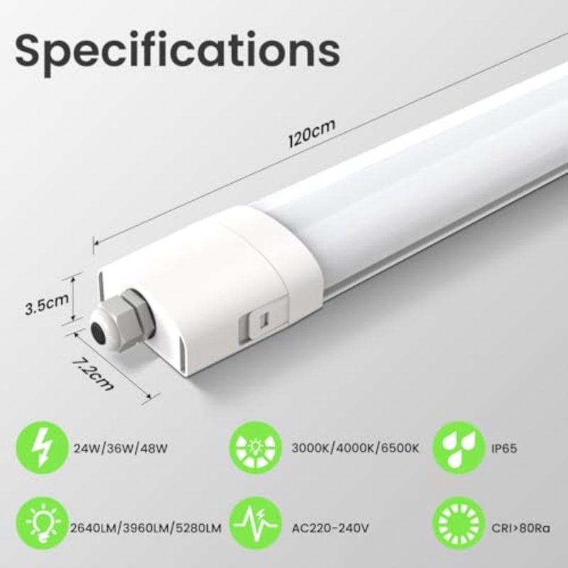 Pack of 2 LED Wet Room Light 120 cm, 3WT 24W/36W/48W LED Tube, 3CCT IP65 Waterproof Wet Room Lamp, Workshop, Ceiling Light for Garage, Basement, Workshop, Wet Room, Bathroom, Office, Warehouse - Image 2