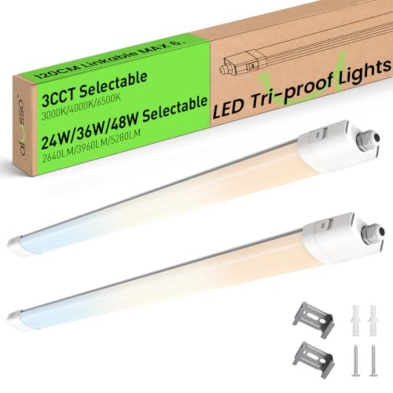 Pack of 2 LED Wet Room Light 120 cm, 3WT 24W/36W/48W LED Tube, 3CCT IP65 Waterproof Wet Room Lamp, Workshop, Ceiling Light for Garage, Basement, Workshop, Wet Room, Bathroom, Office, Warehouse - Image 1