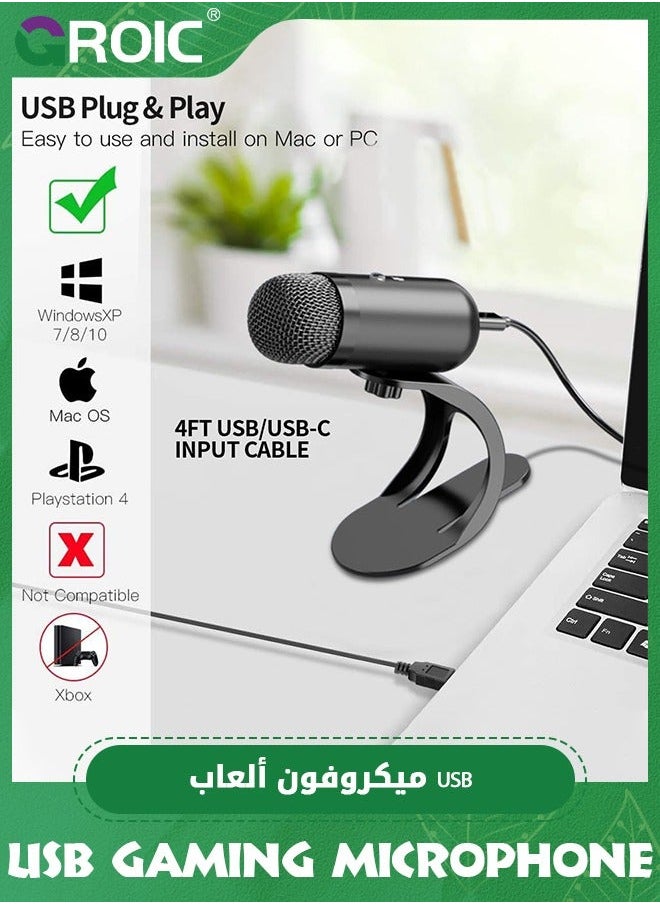 GROIC - USB Computer Microphone, Podcast Mic Desktop with Mute Button for Recording Streaming, Omnidirectional Condenser, Plug&Play Stand Volume Control PC, Laptop, Mac, YouTube - Image 1