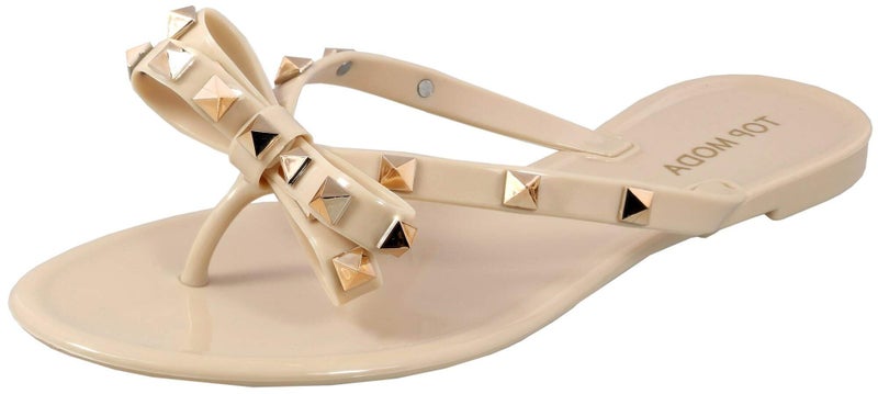 TOP Moda Womens Studded Jelly Flip Flops Sandals with Bow, Nude, 6 - Image 1