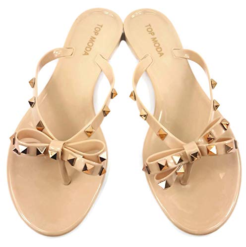 TOP Moda Womens Studded Jelly Flip Flops Sandals with Bow, Nude, 6 - Image 2