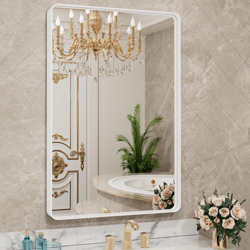 LOAAO 20x30 Inch White Metal Framed Bathroom Mirror for Wall, White Bathroom Vanity Mirror Farmhouse, Large Rounded Rectangle Mirror, Anti-Rust, Hangs Horizontally or Vertically - Image 1
