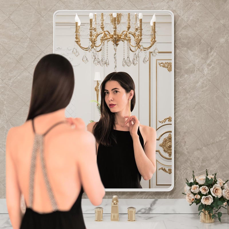 LOAAO 20x30 Inch White Metal Framed Bathroom Mirror for Wall, White Bathroom Vanity Mirror Farmhouse, Large Rounded Rectangle Mirror, Anti-Rust, Hangs Horizontally or Vertically - Image 2