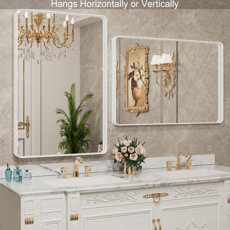LOAAO 20x30 Inch White Metal Framed Bathroom Mirror for Wall, White Bathroom Vanity Mirror Farmhouse, Large Rounded Rectangle Mirror, Anti-Rust, Hangs Horizontally or Vertically - Image 3