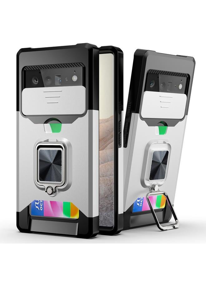 اس-توب جراب لهاتف Google Pixel 6 Pro بتصميم غطاء كاميرا منزلق مصنوع من مادة PC + TPU مقاوم للصدمات مع حامل حلقي وفتحة بطاقة - Image 1