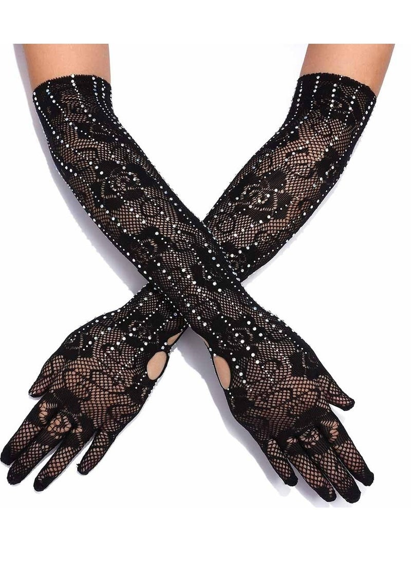 SYOSI Finger Crystal Gloves Black Fishnet Elbow Glove Stretchy Rose Gloves Punk Party Opera Costume for Women and Girls (Black) - Image 1