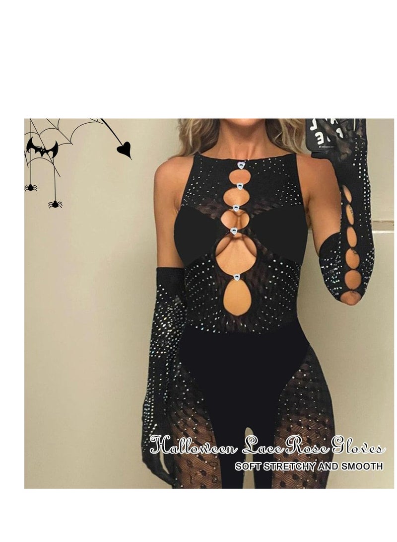 SYOSI Finger Crystal Gloves Black Fishnet Elbow Glove Stretchy Rose Gloves Punk Party Opera Costume for Women and Girls (Black) - Image 5