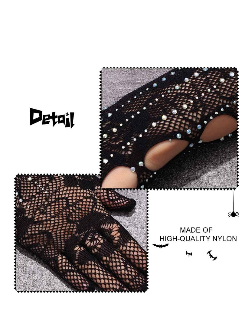 SYOSI Finger Crystal Gloves Black Fishnet Elbow Glove Stretchy Rose Gloves Punk Party Opera Costume for Women and Girls (Black) - Image 4