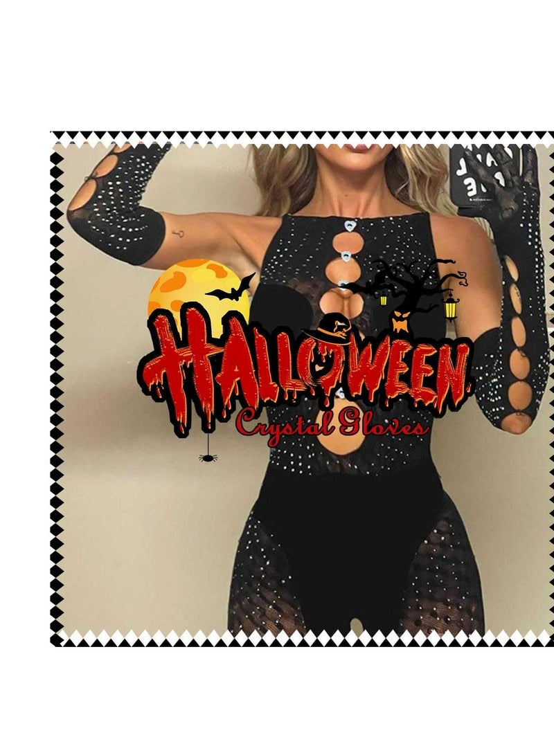 SYOSI Finger Crystal Gloves Black Fishnet Elbow Glove Stretchy Rose Gloves Punk Party Opera Costume for Women and Girls (Black) - Image 2