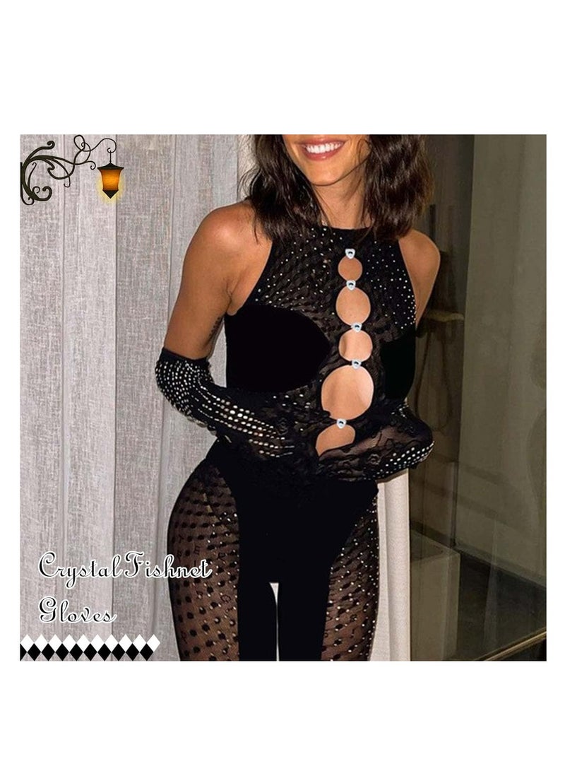 SYOSI Finger Crystal Gloves Black Fishnet Elbow Glove Stretchy Rose Gloves Punk Party Opera Costume for Women and Girls (Black) - Image 3