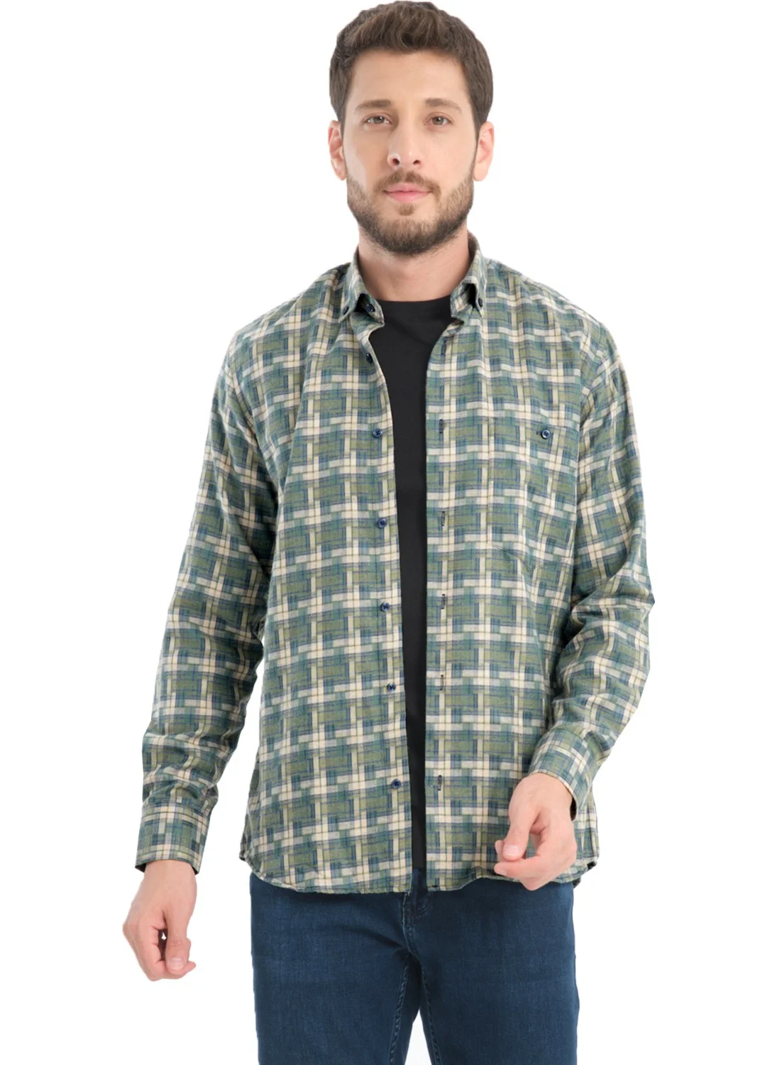 Varetta Men's Forest Green Checkered Winter Woolen Pocket Wide Cut Shirt