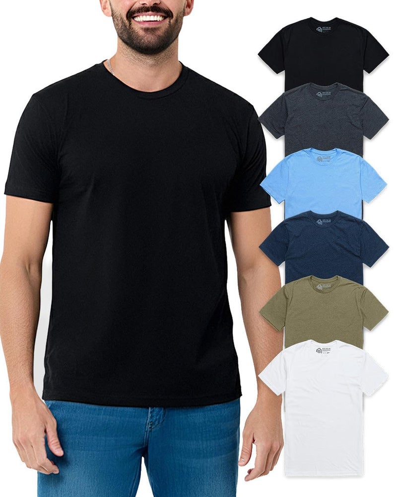 INTO THE AM Men's Plain Basic Tees 6 Pack Multipack - Fitted Essential Crewneck Blank Gym Classic Casual True Fit Fashion Undershirts for Guys (Black/Charcoal/Columbia Blue/Navy/Green/White, Large) - Image 1