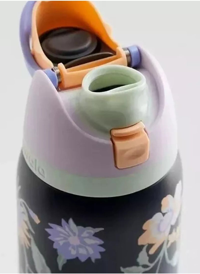 Owala - 24 Oz. Owala FreeSip Stainless Steel Water Bottle in Black with flower - Image 1