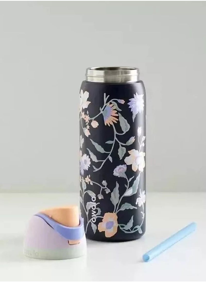 Owala - 24 Oz. Owala FreeSip Stainless Steel Water Bottle in Black with flower - Image 1