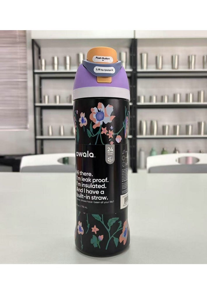 Owala - 24 Oz. Owala FreeSip Stainless Steel Water Bottle in Black with flower - Image 1