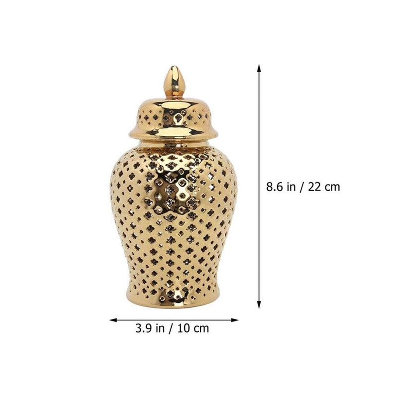 IMIKEYA Ceramic Ginger Jar with Lid Lattice Decorative Temple Jar Cut Out Ceramic Vase for Living Room and Kitchen Decoration Golden 22x10cm - Image 4