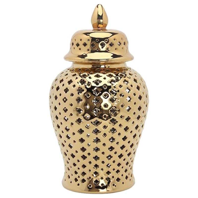 IMIKEYA Ceramic Ginger Jar with Lid Lattice Decorative Temple Jar Cut Out Ceramic Vase for Living Room and Kitchen Decoration Golden 22x10cm - Image 1