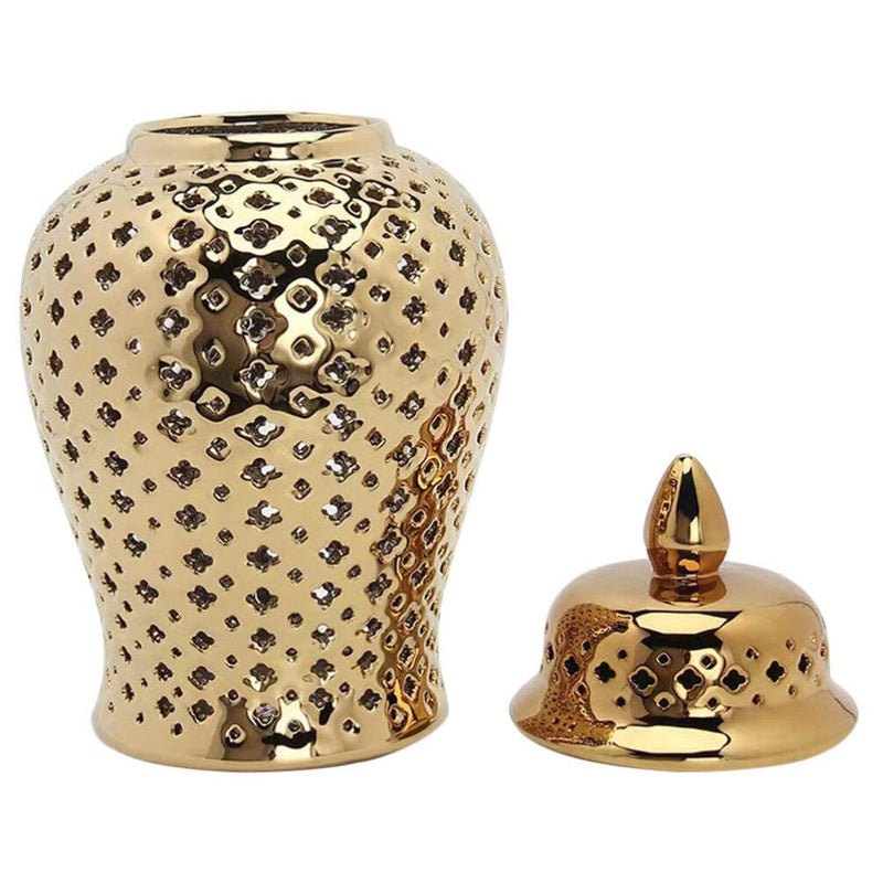 IMIKEYA Ceramic Ginger Jar with Lid Lattice Decorative Temple Jar Cut Out Ceramic Vase for Living Room and Kitchen Decoration Golden 22x10cm - Image 5