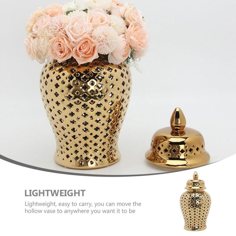 IMIKEYA Ceramic Ginger Jar with Lid Lattice Decorative Temple Jar Cut Out Ceramic Vase for Living Room and Kitchen Decoration Golden 22x10cm - Image 2