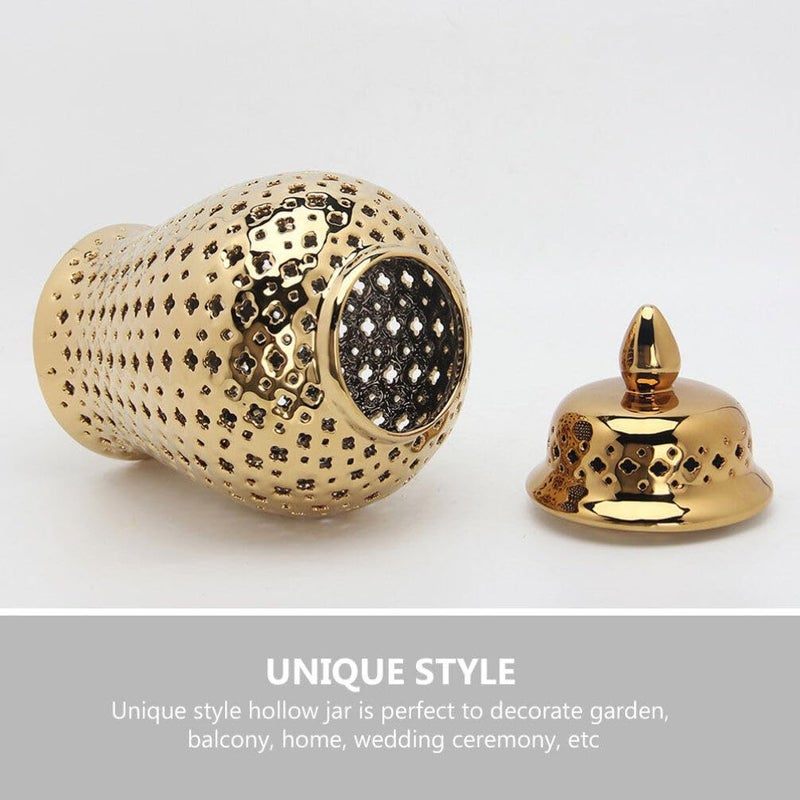 IMIKEYA Ceramic Ginger Jar with Lid Lattice Decorative Temple Jar Cut Out Ceramic Vase for Living Room and Kitchen Decoration Golden 22x10cm - Image 3
