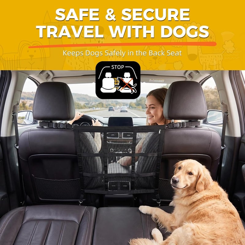 VOPOCO Dog Car Barrier, Double-Layer Mesh Pet Net with Storage Pocket, Tool-Free Install Dog Barrier for SUV & Cars, Scratch-Resistant Auto Back Seat Divider to Prevent Distracted Driving (23.2" x 23.2") - Image 2