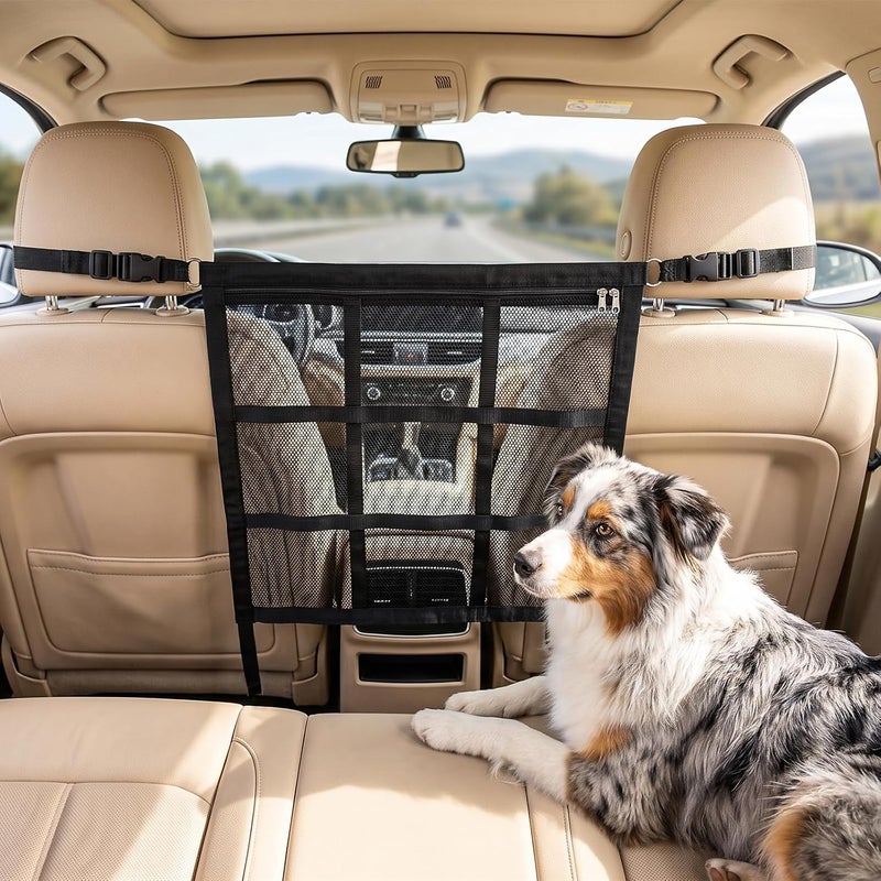 VOPOCO Dog Car Barrier, Double-Layer Mesh Pet Net with Storage Pocket, Tool-Free Install Dog Barrier for SUV & Cars, Scratch-Resistant Auto Back Seat Divider to Prevent Distracted Driving (23.2" x 23.2") - Image 1