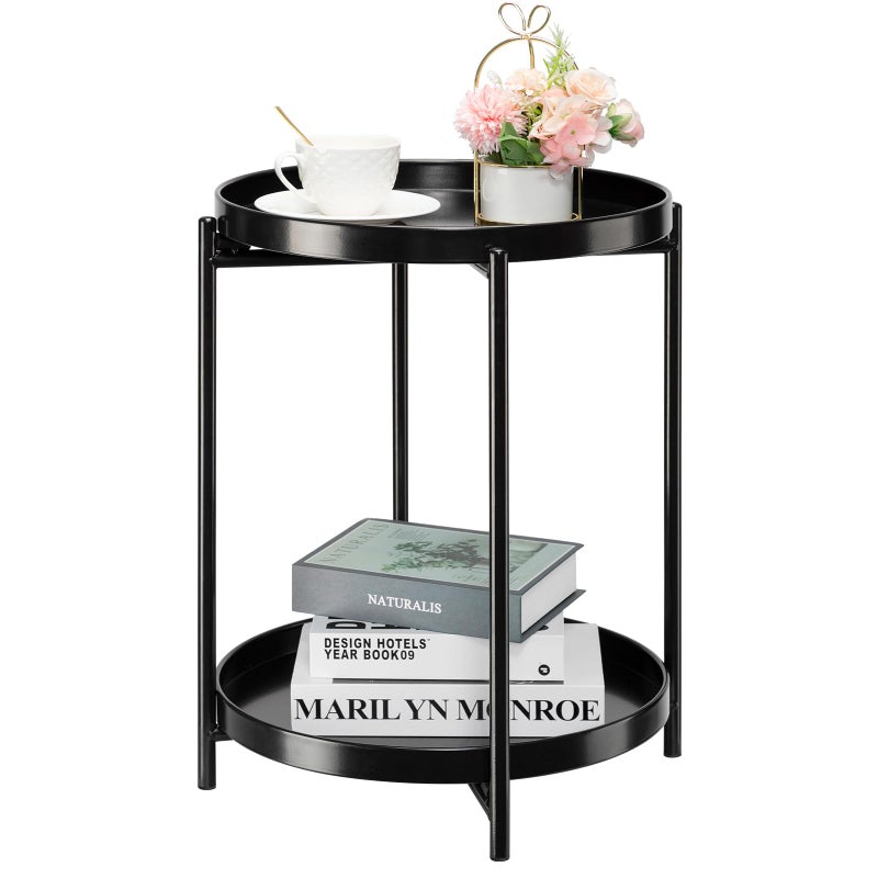 danpinera 2Tier Round Side Table Metal End Table with Removable Tray Small Outdoor Table Accent Table AntiRust Black Nightstand for Bedroom Balcony Patio Black