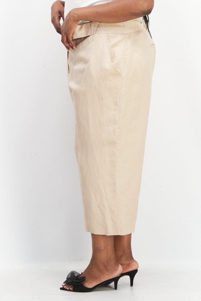 forever new Women Curve Fit Solid Belted Wide Leg Pants, Beige - Image 2