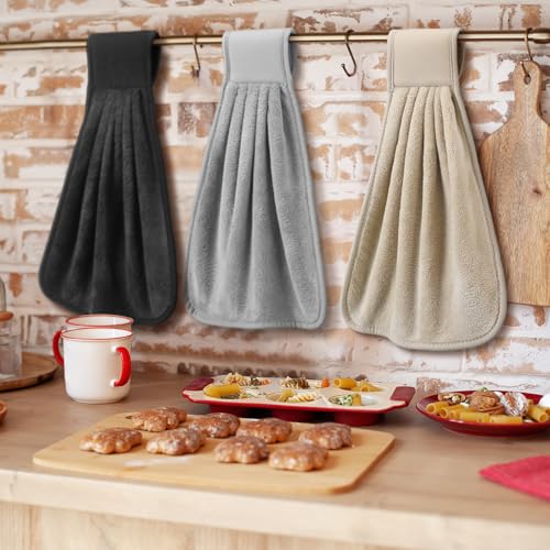 Breling 6 Pcs Kitchen Hanging Towel with Hanging Loop Absorbent Coral Fleece Kitchen Tie Towels Rustic Bathroom Dish Cloth Soft Thick Dry Cleaning Hand Dishcloths for Home Bathroom CookingClassic - Image 3