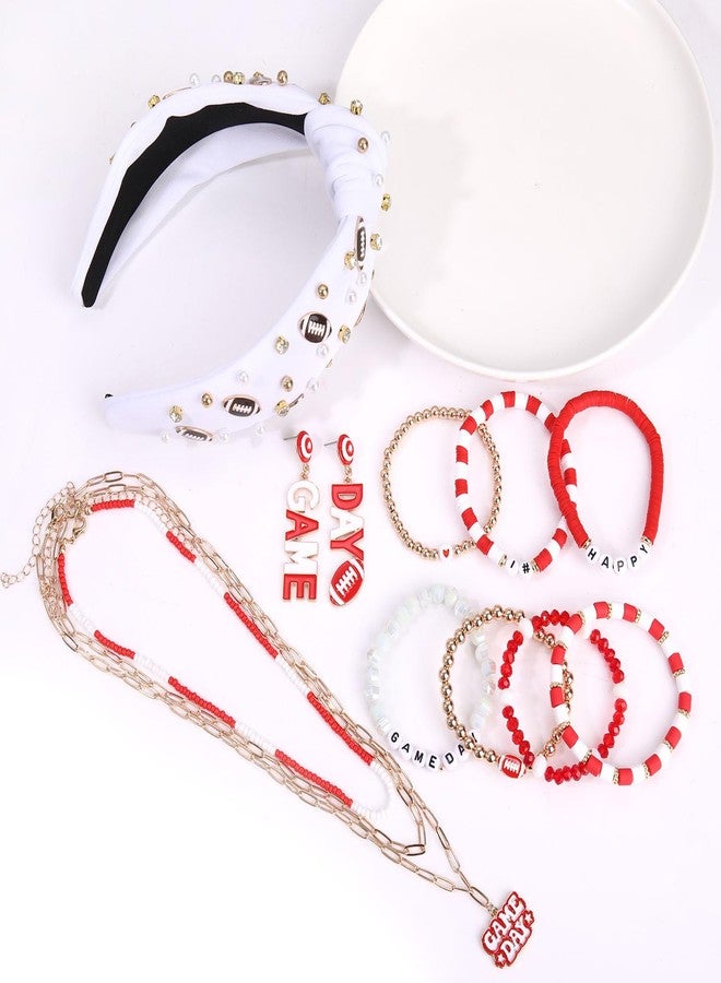 MOLOCH Game Day Headband for Women Football Charm Headband Pearls Crystal Knotted Hairband Game Day Sports Hair Accessories Football Party Decorations White Spirit Hairband - Image 4