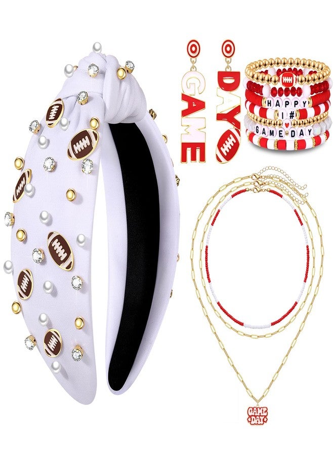 MOLOCH Game Day Headband for Women Football Charm Headband Pearls Crystal Knotted Hairband Game Day Sports Hair Accessories Football Party Decorations White Spirit Hairband - Image 1