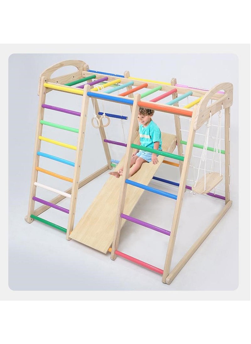 7 In 1 Children's Climbing Frame Large Toy Suitable For Indoor And Outdoor Entertainment And Sports Activities Solid Wood Material Small Family Park Slide Rope Climbing Frame Horizontal Bar Swing Baby Climbing Slide Swing Combination Toy Set