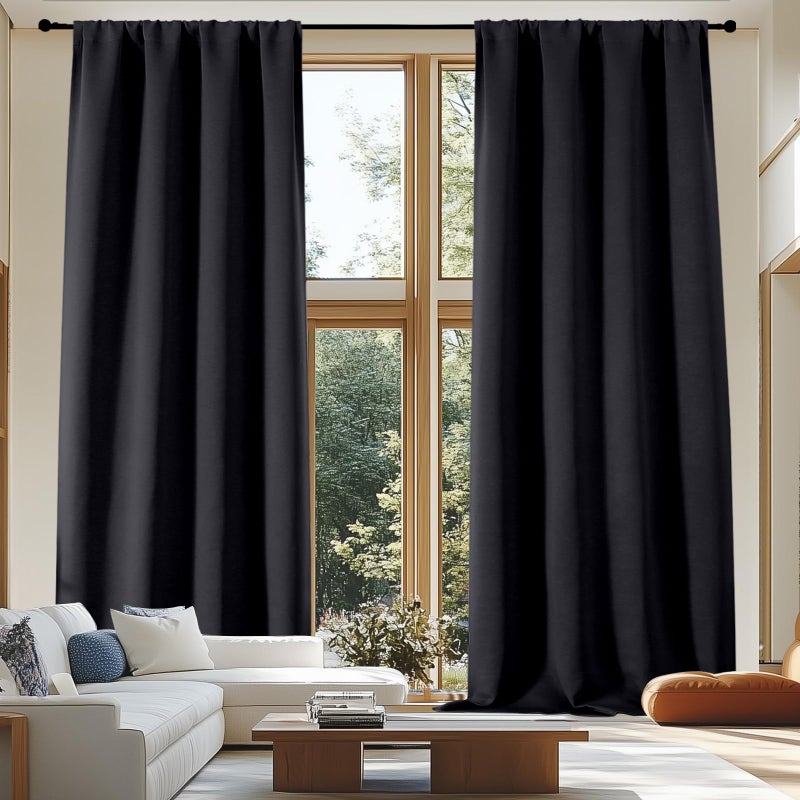 Simplebrand Ava Blackout Extra Long 10ft Curtains for Patio 120 Inches Long 2 Panels Set, Solid Thermal Insulated Energy Saving Rod Pocket Window Treatment Curtains Blackout Drapes, 50 Wx120 L, Black - Image 1