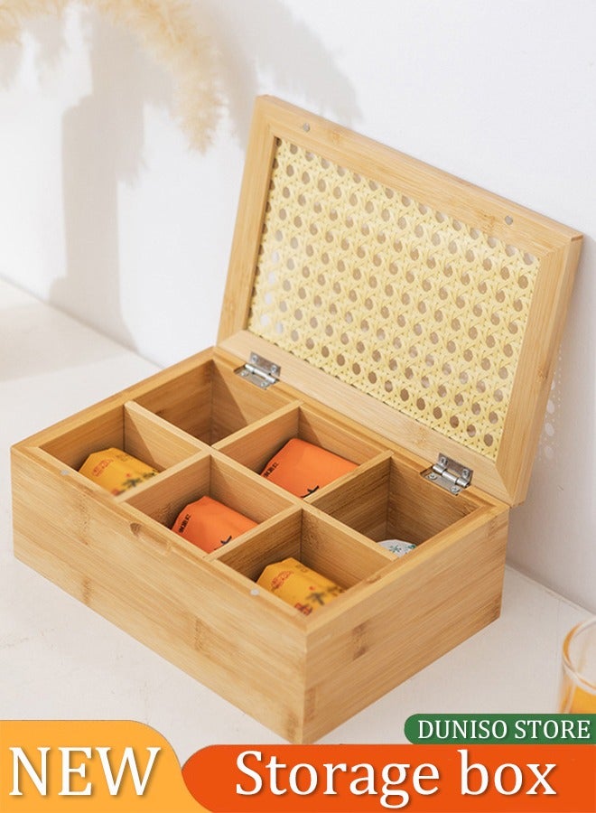 DUNISO Wooden Tea Bag Organizer Storage Box, 6 compartment tea bag partition box, desktop storage rack with lid, suitable for coffee, tea, bagged drinks, tea room home and hotel 24 * 16.5 * 9cm  - Image 1