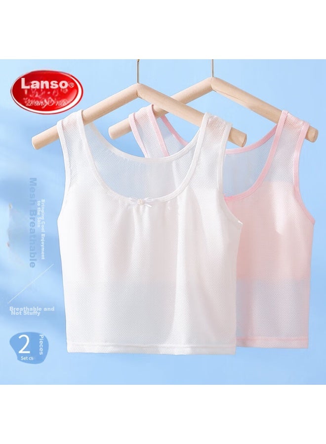 LANG SHA Langsha Children's Vest-style Underwear, Mesh Breathable, Girls' Puberty Camisole, Girls' Bra, 2 Pieces, White + Pink, 160 - Image 1