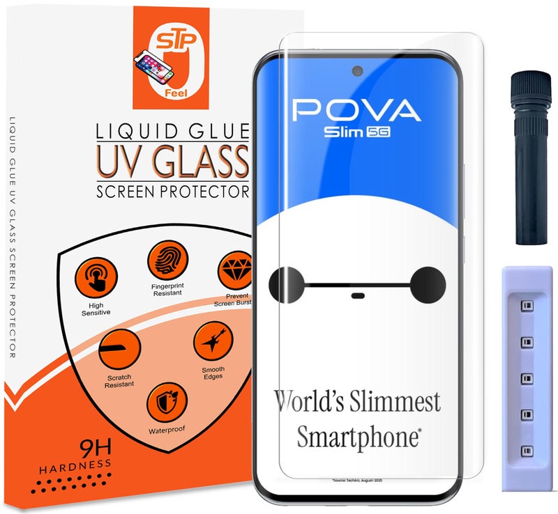STP FEEL® Advanced UV Tempered Glass Screen Protector Guard Compatible For Tecno Pova Slim 5G (6.78 Inch, Pack of 1) Full Adhesive UV Curved Case Friendly HD Clarity with easy installation kit - Image 1