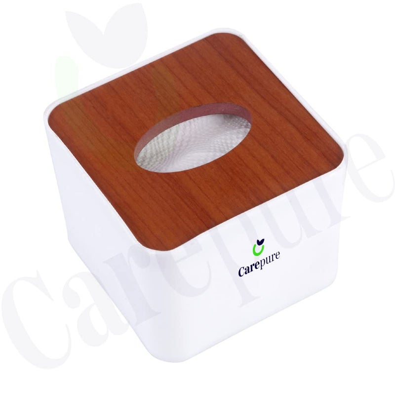 Carepure Pop Up Table Top Removable Bamboo Wooden Cover Tissue Box Dispenser Holder Square 1 Pc with 3 Pack of Tissue Paper Refill (375 PCs) White - Image 2