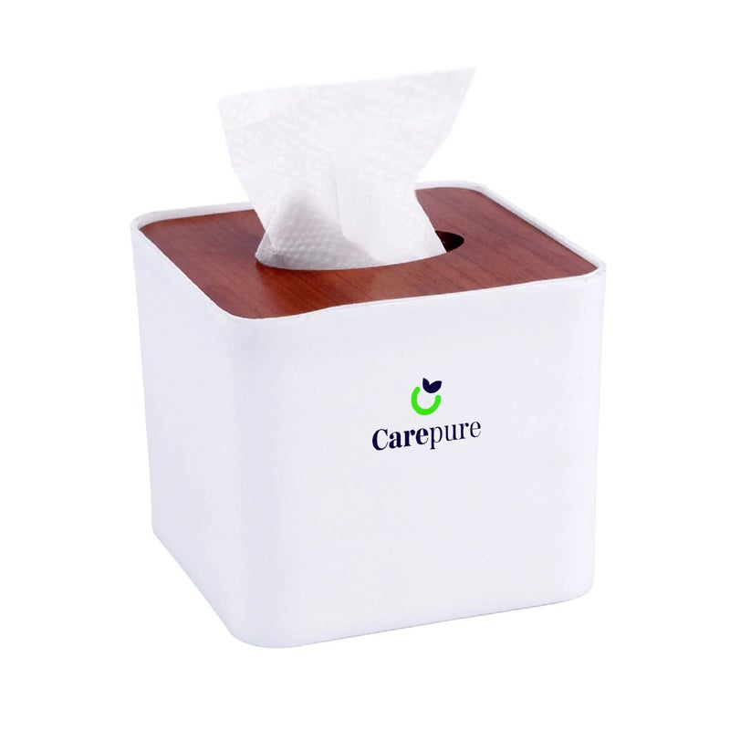 Carepure Pop Up Table Top Removable Bamboo Wooden Cover Tissue Box Dispenser Holder Square 1 Pc with 3 Pack of Tissue Paper Refill (375 PCs) White - Image 1