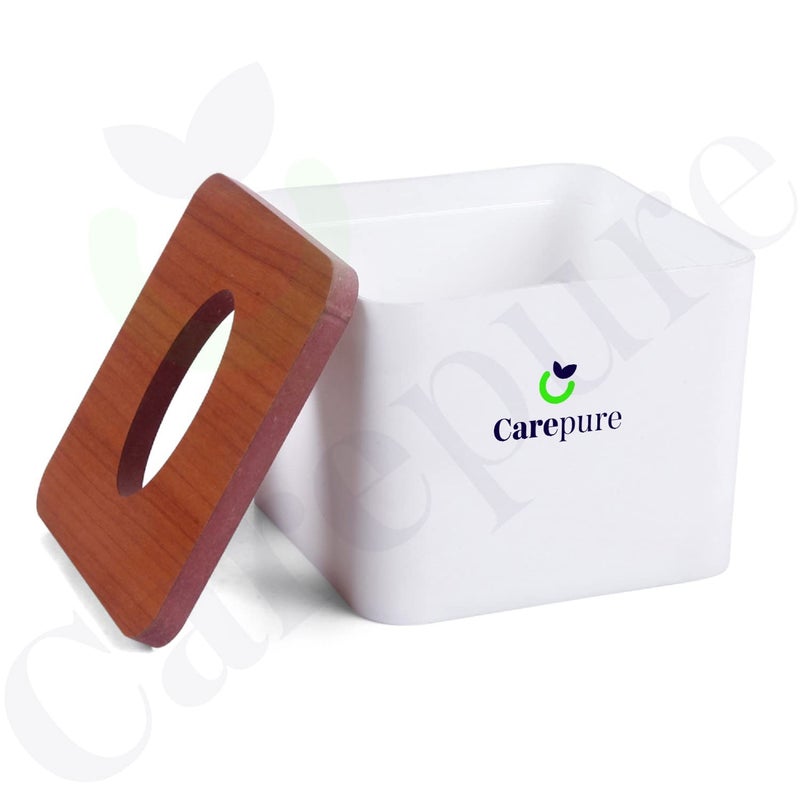 Carepure Pop Up Table Top Removable Bamboo Wooden Cover Tissue Box Dispenser Holder Square 1 Pc with 3 Pack of Tissue Paper Refill (375 PCs) White - Image 3