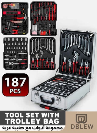 187 Pieces Hand Tool Set with Trolley Bag Professional Automobile Tools for Repairs and Workshops Handymen Mechanics Construction Workers and Home Use Socket Spanner Ratchet Torque Wrench Tools Kit