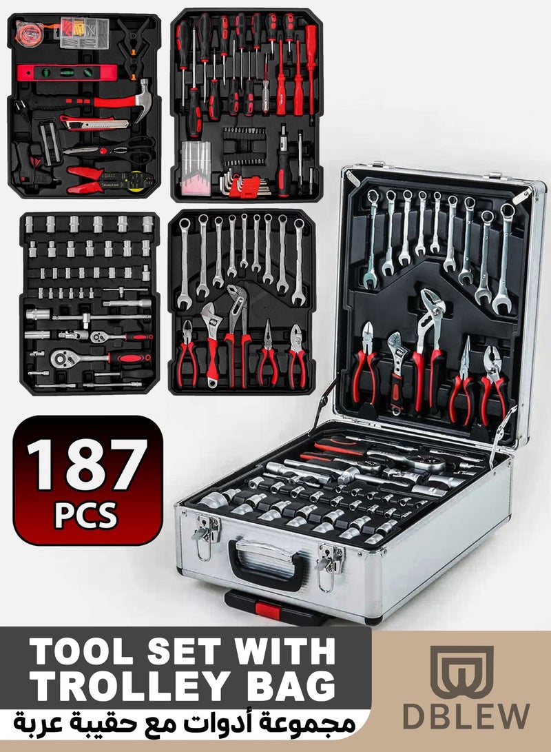 DBLEW 187 Pieces Hand Tool Set with Trolley Bag Professional Automobile Tools for Repairs and Workshops Handymen Mechanics Construction Workers and Home Use Socket Spanner Ratchet Torque Wrench Tools Kit - Image 1
