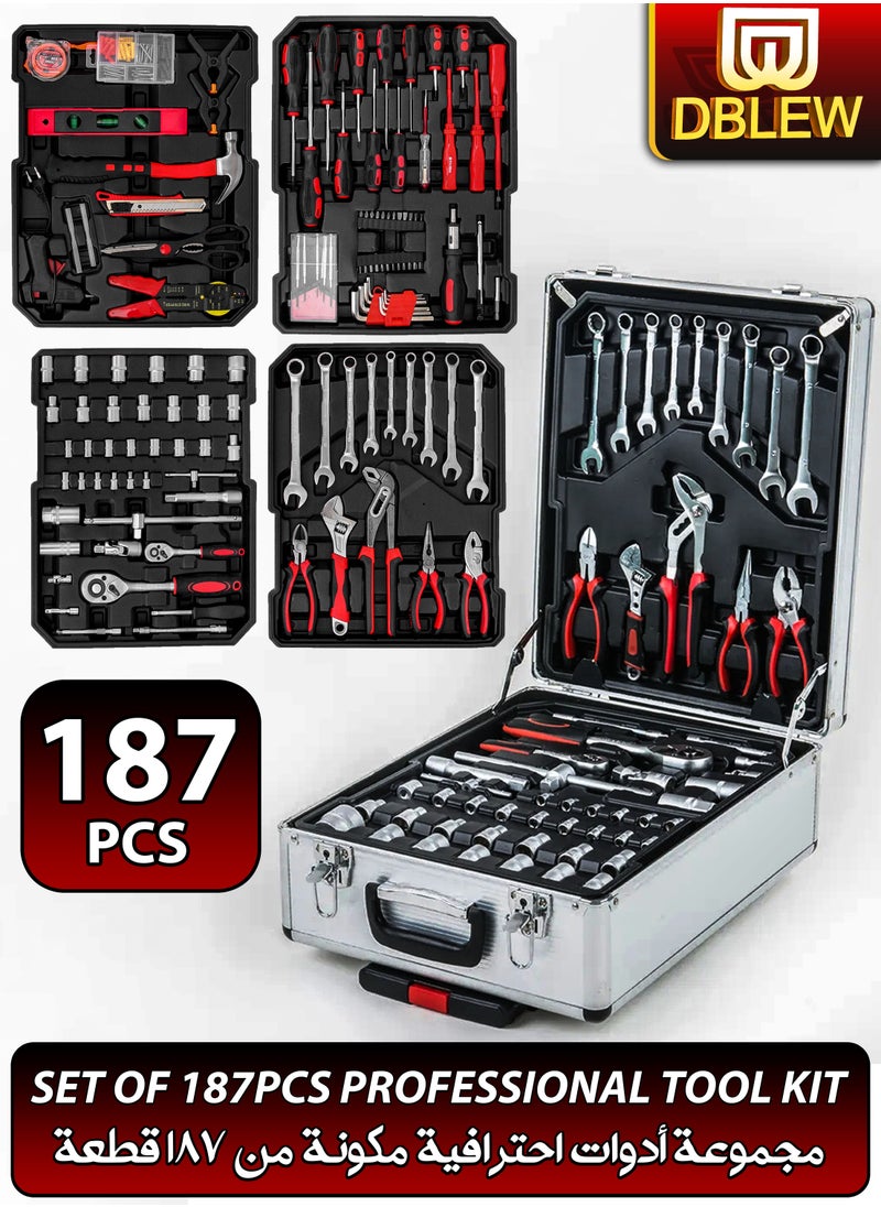 DBLEW - 187 Pieces Hand Tool Set with Trolley Bag Professional Automobile Tools for Repairs and Workshops Handymen Mechanics Construction Workers and Home Use Socket Spanner Ratchet Torque Wrench Tools Kit - Image 1