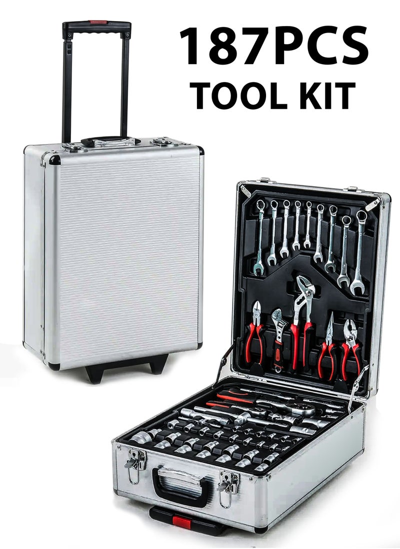 DBLEW - 187 Pieces Hand Tool Set with Trolley Bag Professional Automobile Tools for Repairs and Workshops Handymen Mechanics Construction Workers and Home Use Socket Spanner Ratchet Torque Wrench Tools Kit - Image 1