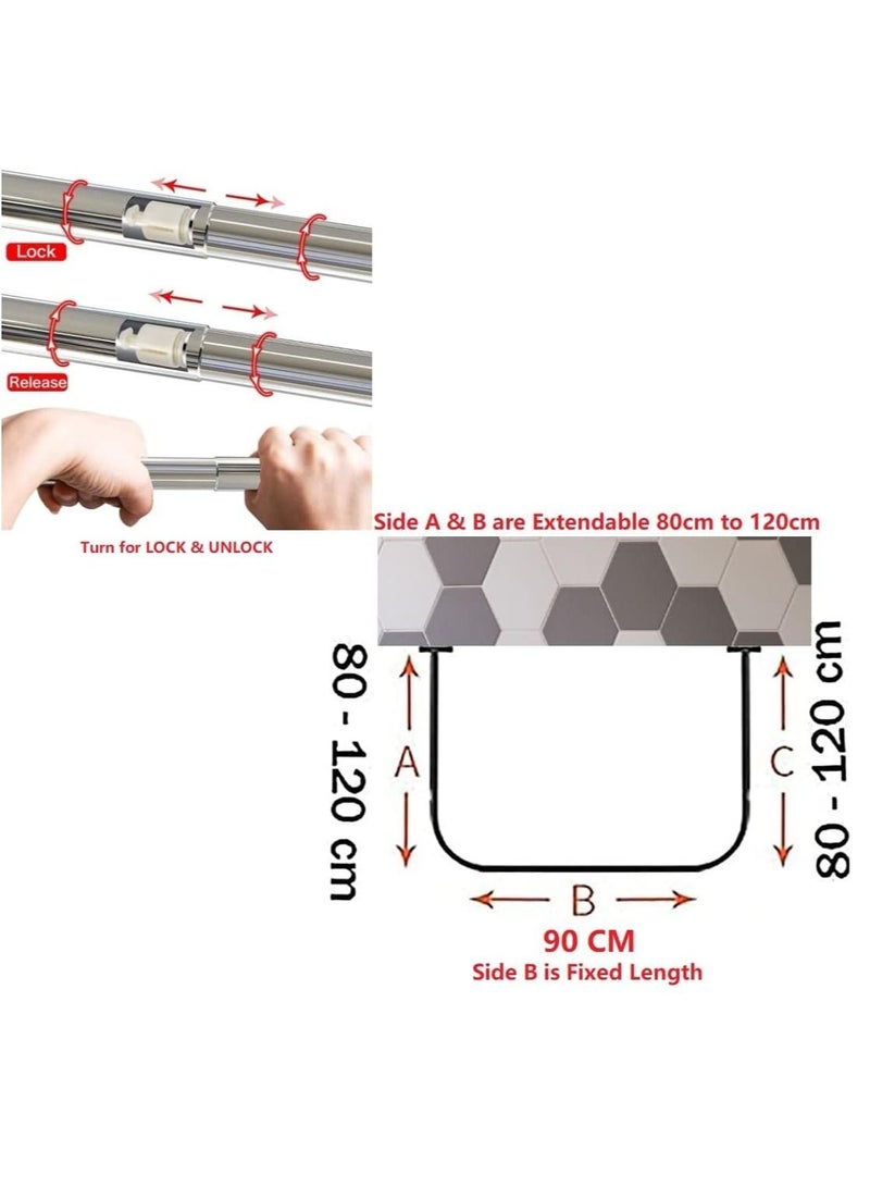 Rubik U Shaped Shower Curtain Rod with 12 Curtain Hooks, 80-120cm Adjustable Extendable U-Shape Curved Corner Curtain Holder Drill/Non-Drill Mount (80-120cm x 90cm) - Image 2