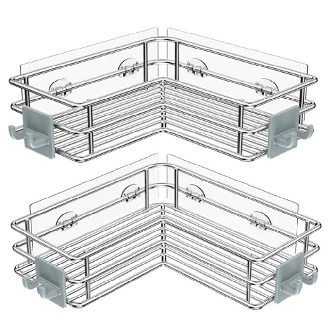 CORNER SHOWER SHELVES STAINLESS STEEL ADHESIVE SHOWER CADDY BASKET RACK WITH HOOKS RUST PROOF FOR BATHROOM SHELF SHAMPOO HOLDER SILVER 2 PACK