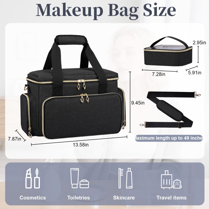 GDNasist Large Makeup Bag, Portable Travel Makeup Bag Organizer for Women Girls with 2 Removable Pouches & Detachable Dividers, Cosmetic Travel Bag, Toiletry Bag for Makeup and Hair Supplies Black - Image 3