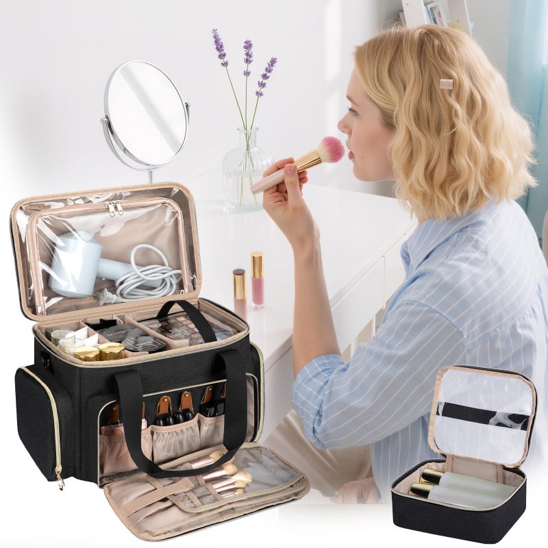 GDNasist Large Makeup Bag, Portable Travel Makeup Bag Organizer for Women Girls with 2 Removable Pouches & Detachable Dividers, Cosmetic Travel Bag, Toiletry Bag for Makeup and Hair Supplies Black - Image 5