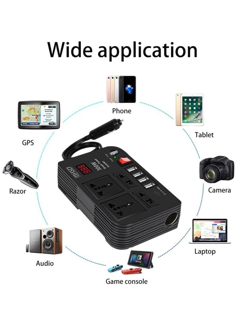 JAJEEK محول طاقة 300 واط، شاحن سيارة ومحول، DC 12V إلى 220V AC، 4.1A USB، 4 مآخذ AC، شاشة رقمية ذكية، محول سجائر السيارة، محول طاقة سيارة فعال للسفر - Image 4