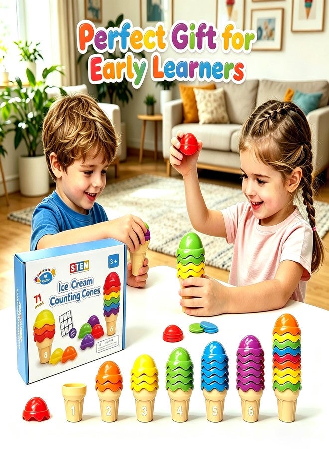 EXBEPE Ice Cream Counting and Color Sorting Stacking STEM Toys,71 Pcss,Montessori Number Preschool Kindergarten Learning Activities,Math Manipulatives Educational Fine Motor Skills Toys for Kids Ages 3+ - Image 4